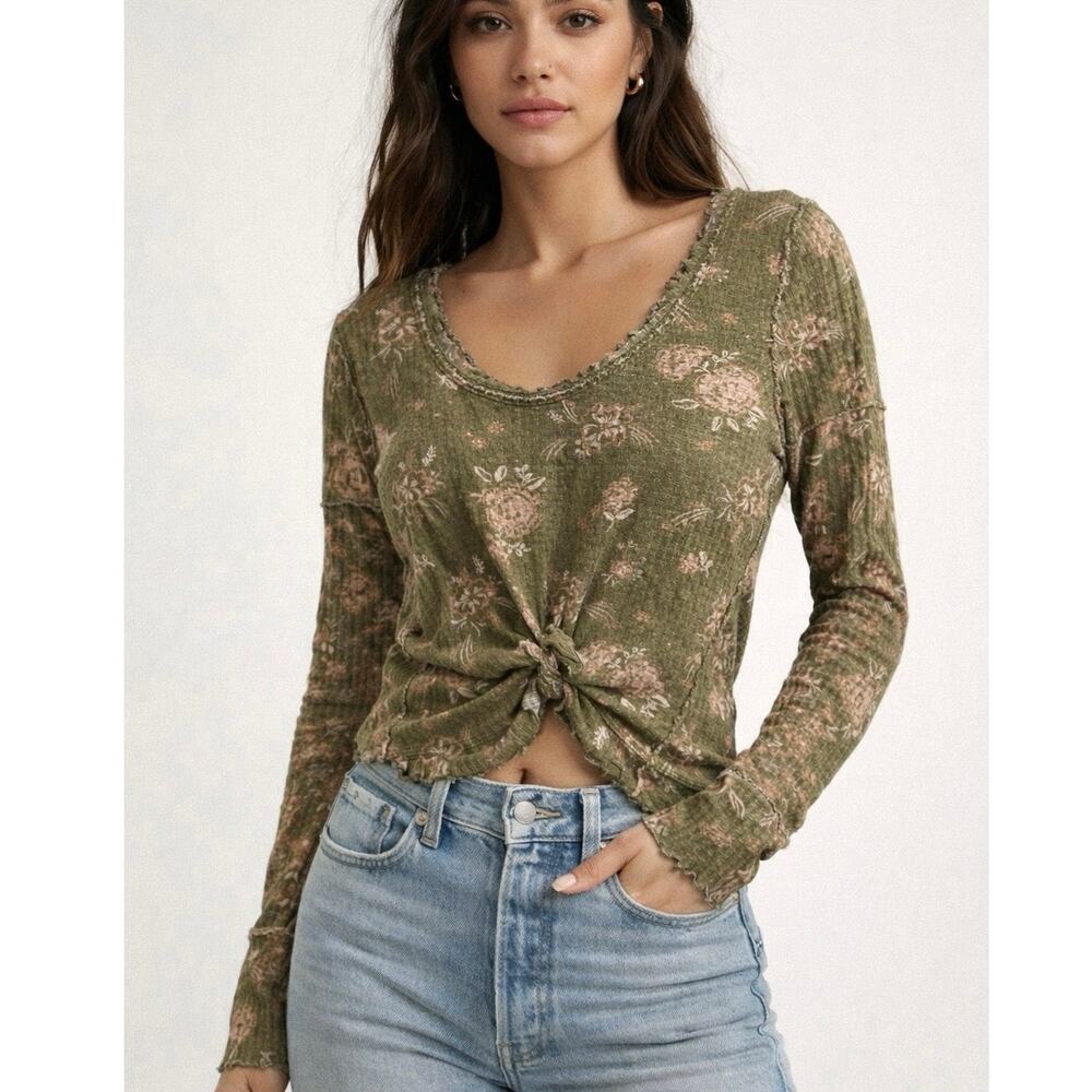 We The Free Floral Thermal Top Large Olive Green Tie Front Boho Long Sleeve